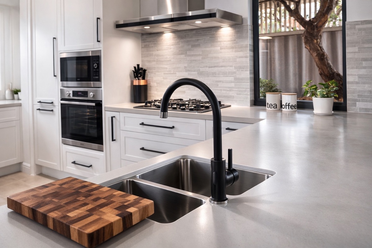 White Classic Kitchen with Vinyl-wrapped doors and Caesarstone benchtop